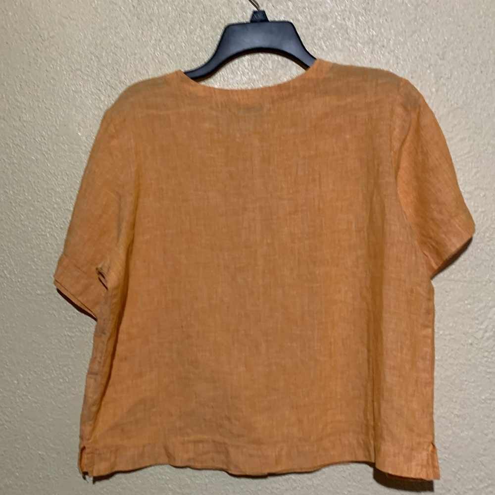 ORVIS Top Short Blouse M  Orange Cropped Short Sleeve Buttons 100% Linen - Picture 10 of 14
